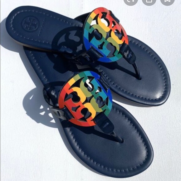 Tory Burch Miller T Logo Rainbow Patent Sandals - Picture 1 of 8
